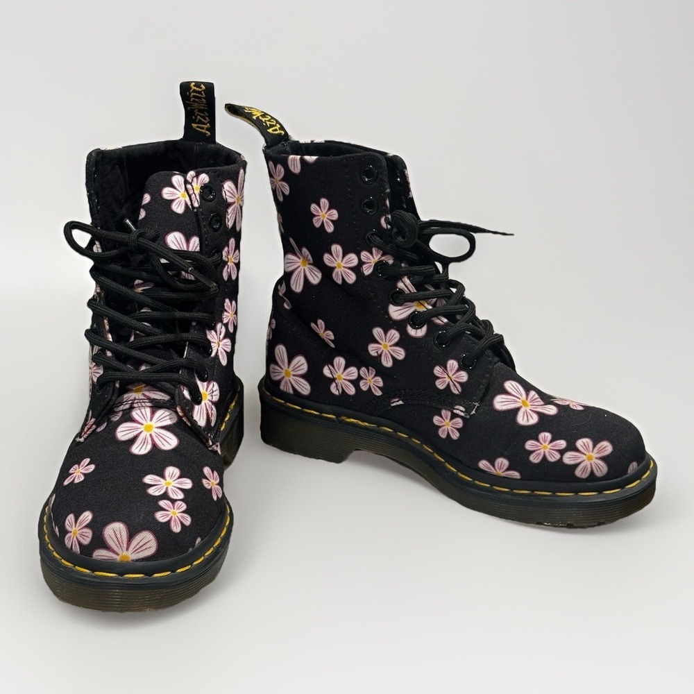 Doc Martens‎ Page Meadow Canvas Boots Black Pink Floral Flower Women's Size US 5